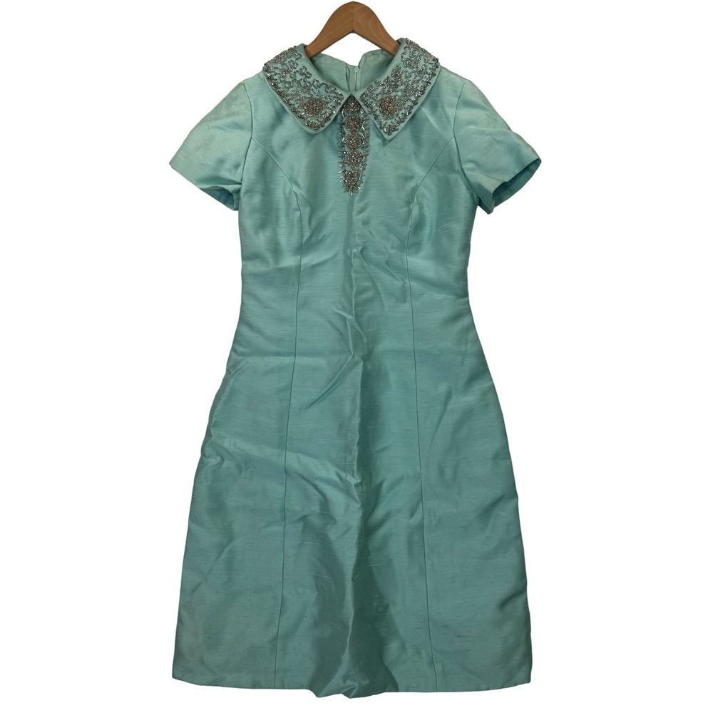 Vtg Aqua Blue Mod Shift Dress Embellished Peter Pan Collar Handmade Sz M *READ*